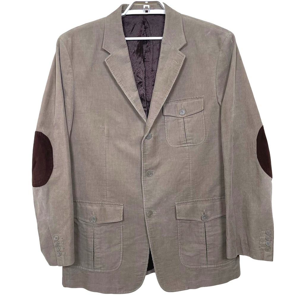 Tasso Elba Corduroy Safari Sport Coat Blazer Men 42R Tan Brown Elbow Patch Coat